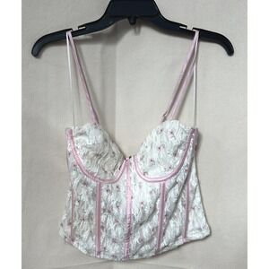 Pretty Garbage Floral Lace Corset Bustier Pink Trim M Peasant Festival Coquette